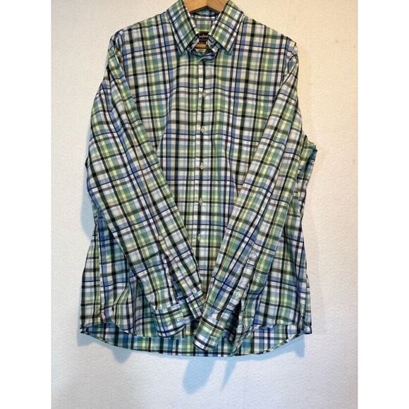 Neiman Marcus Mens Large Plaid Trim Fit Button Up Shirt Blue Green White Plaid - Picture 9 of 12